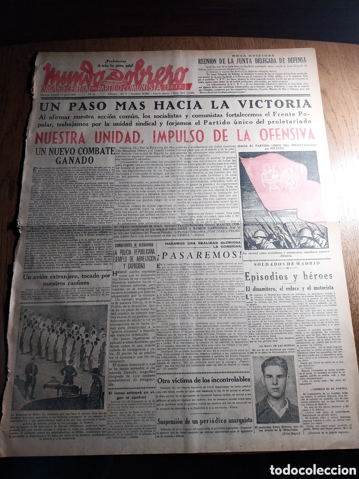 Collezionismo di Riviste e Giornali: MUNDO OBRERO 1937 EL MOTORISTA FLEITE REINERO. NUESTRA AVIACION BOMBARDEA EN VALLADOLID TALAVERA Y S