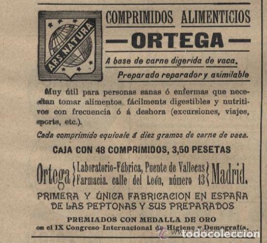 Coleccionismo de Revistas y Peri&oacute;dicos: Publicidad farmacia: comprimidos alimenticios Ortega - 1910