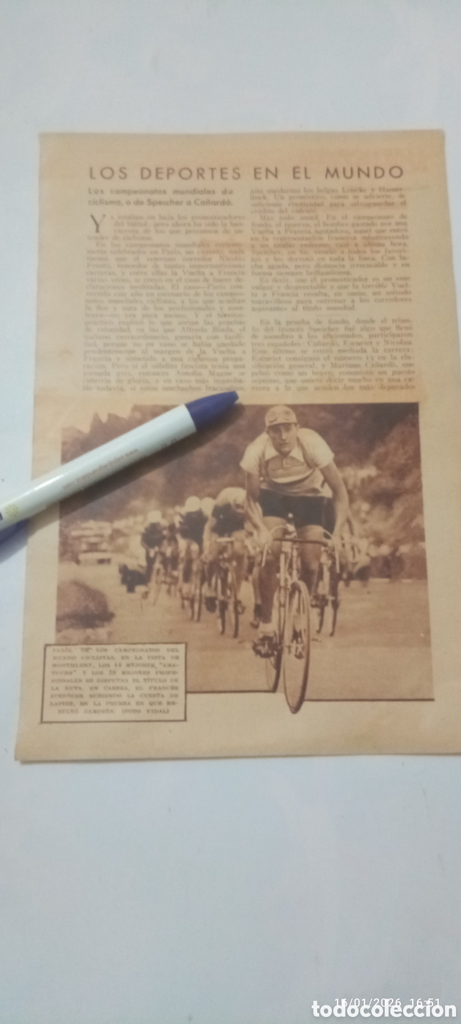 Coleccionismo de Revistas y Peri&oacute;dicos: RECORTE 1933 FOTOGRAF&Iacute;A CAMPEONATOS MUNDIALES CICLISMO SPEICHER EN MONTLHERY