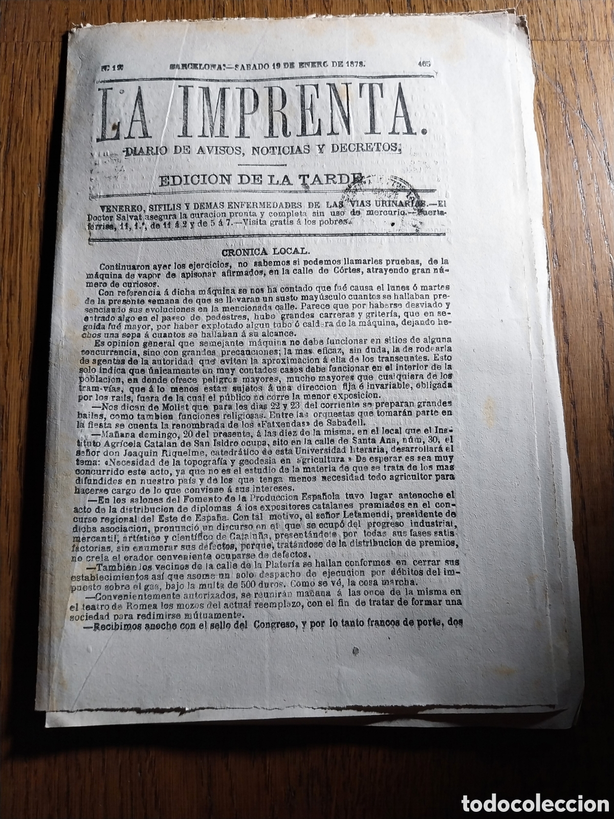 Collectionnisme de Revues et Journaux: LA IMPRENTA 1878 MISERIA EN GERONA POR FALTA DE AGUA.BIBLIOTECA DEL PALACIO DE VILLAHERMOSA INCENDIO