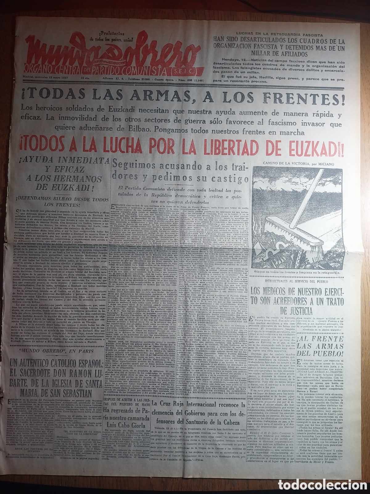 Coleccionismo de Revistas y Peri&oacute;dicos: MUNDO OBRERO 1937 DEFENDAMOS BILBAO. OBJETIVOS MILITARES DE LOPERA BUJALANCE Y PORCUNA.VICENTE URIBE