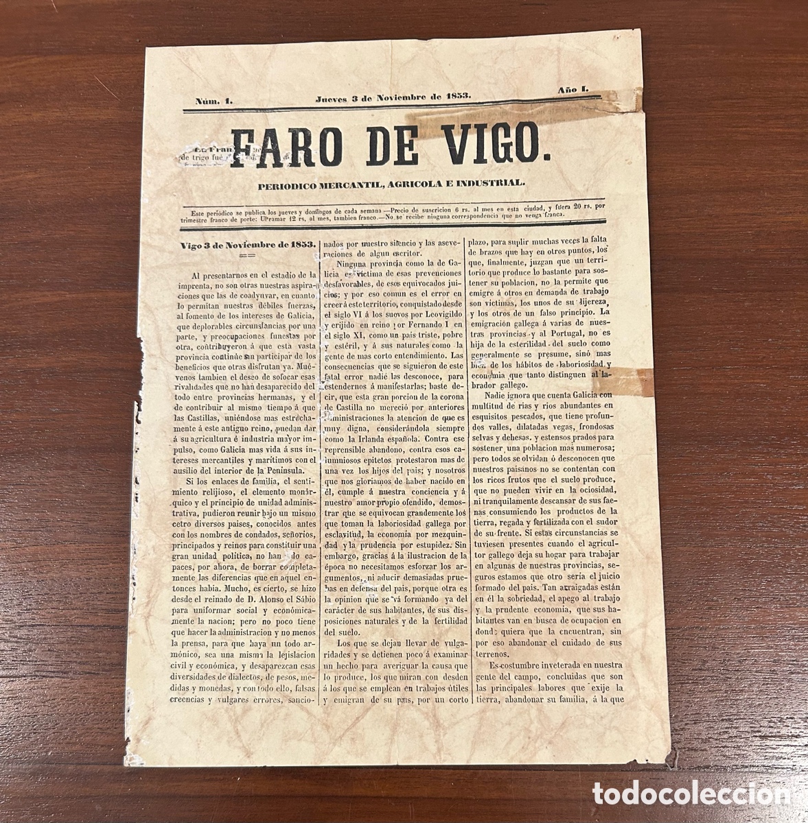 Collection Magazines and Newspapers: FARO DE VIGO. ANTIGUO FACS&Iacute;MIL DEL EJEMPLAR N&Uacute;MERO 1 DEL JUEVES, 3 DE NOVIEMBRE DE 1853