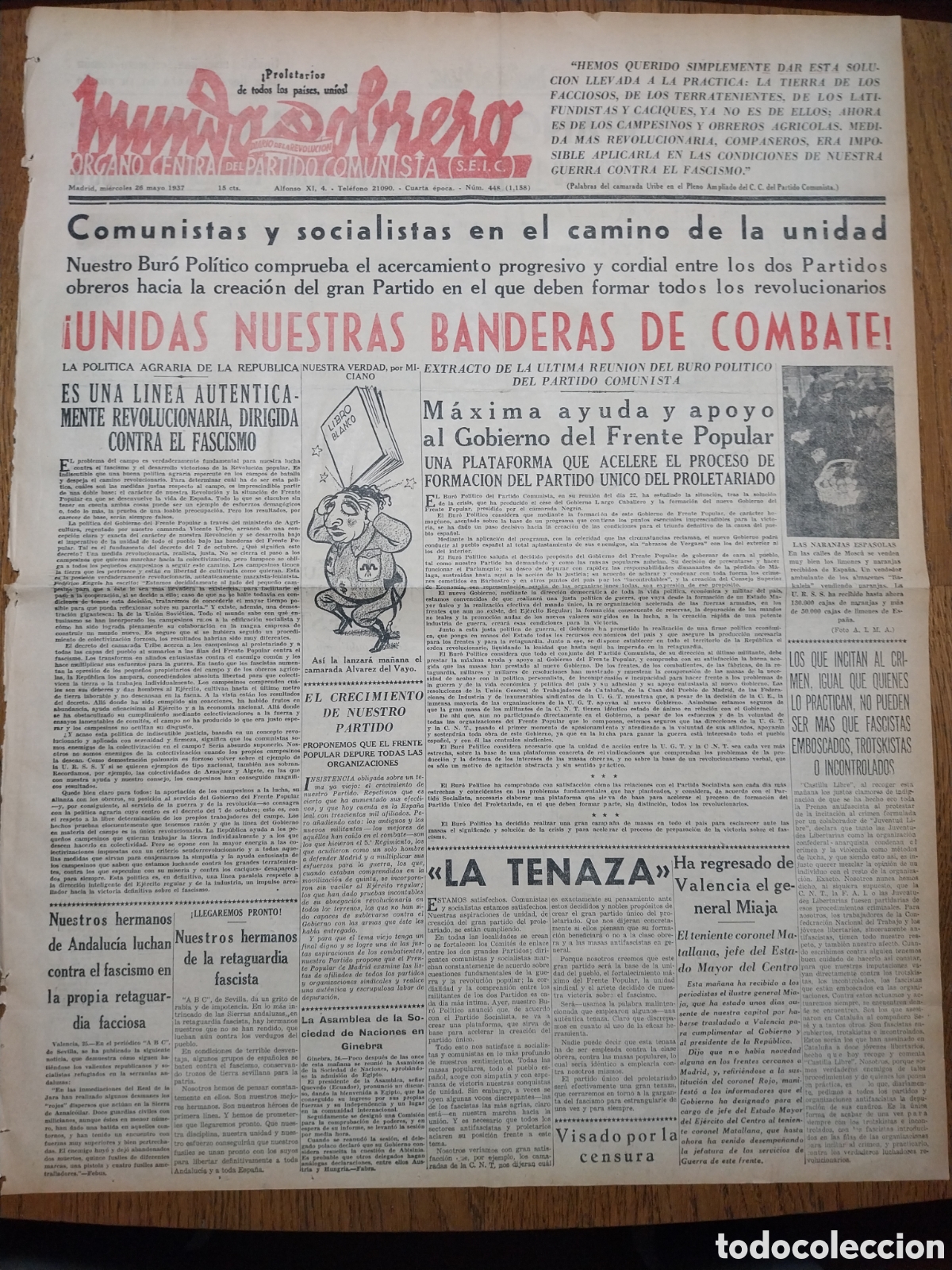 Collection Magazines and Newspapers: MUNDO OBRERO 1937 LAS NARANJAS ESPA&Ntilde;OLAS. AL PIE DE LA MARA&Ntilde;OSA. UNA AVANZADILLA DEL JARAMA
