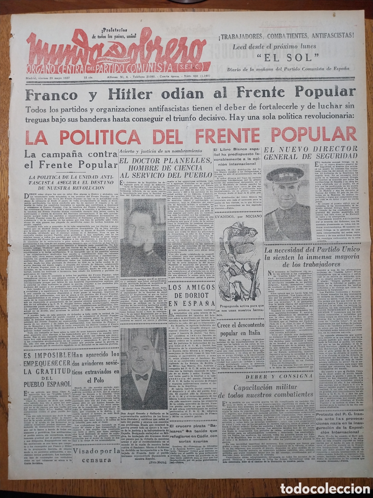 Collection Magazines and Newspapers: MUNDO OBRERO 1937 DOCTOR PLANELLES.T.CORONEL ORTEGA.UN MORO S HA PASADO A NUESTRAS FILAS EN EL PARDO