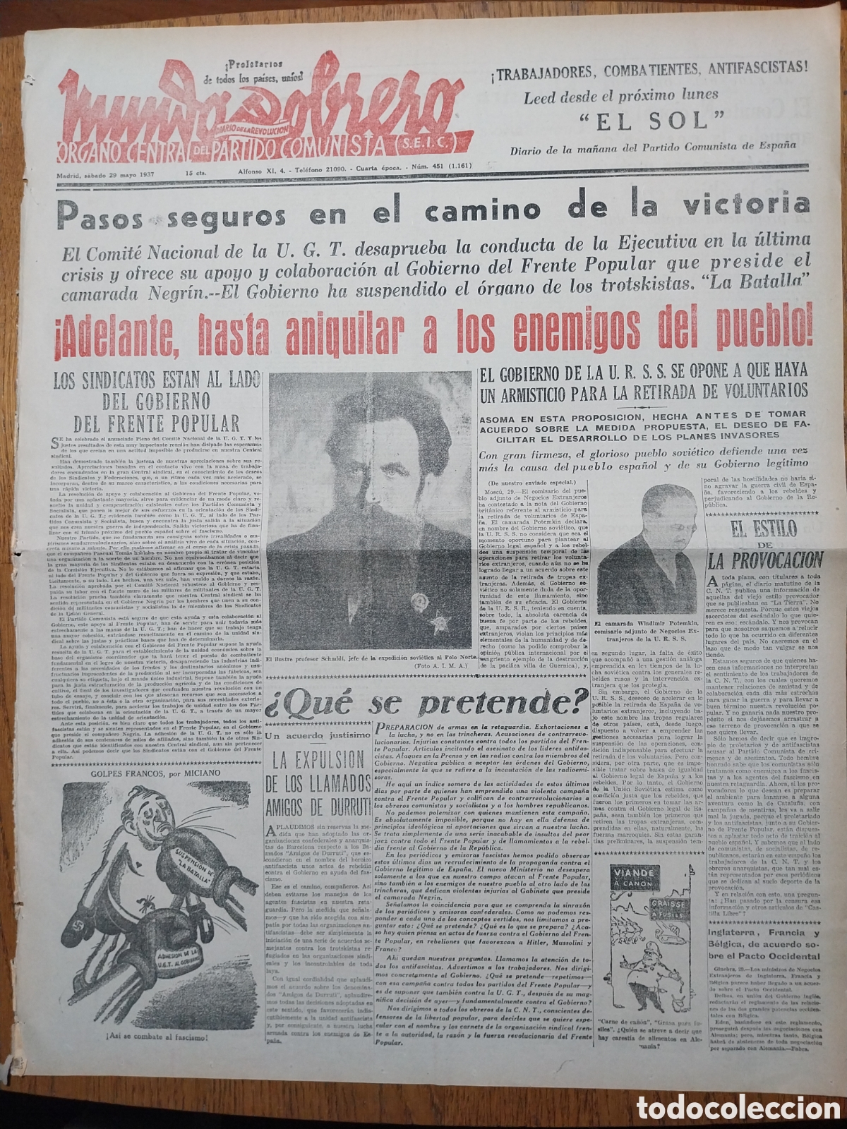 Collection Magazines and Newspapers: MUNDO OBRERO 1937 PROFESOR SCHMIDT EXPEDICION POLO NORTE. GRAN DISCURSO DEL CAMARADA JESUS HERNANDO