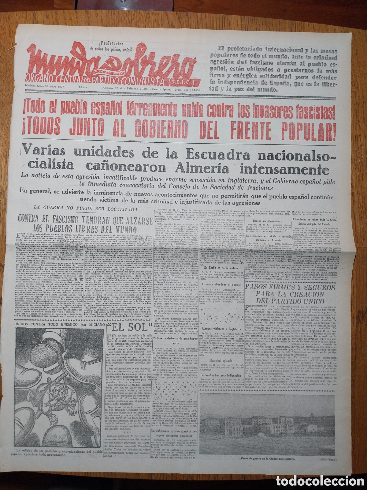 Collection Magazines and Newspapers: MUNDO OBRERO 1937 ALMERIA CA&Ntilde;ONEADA. CINCO MIL BAJAS FASCISTAS EN SOLLUBE. PALABRAS DE PASIONARIA