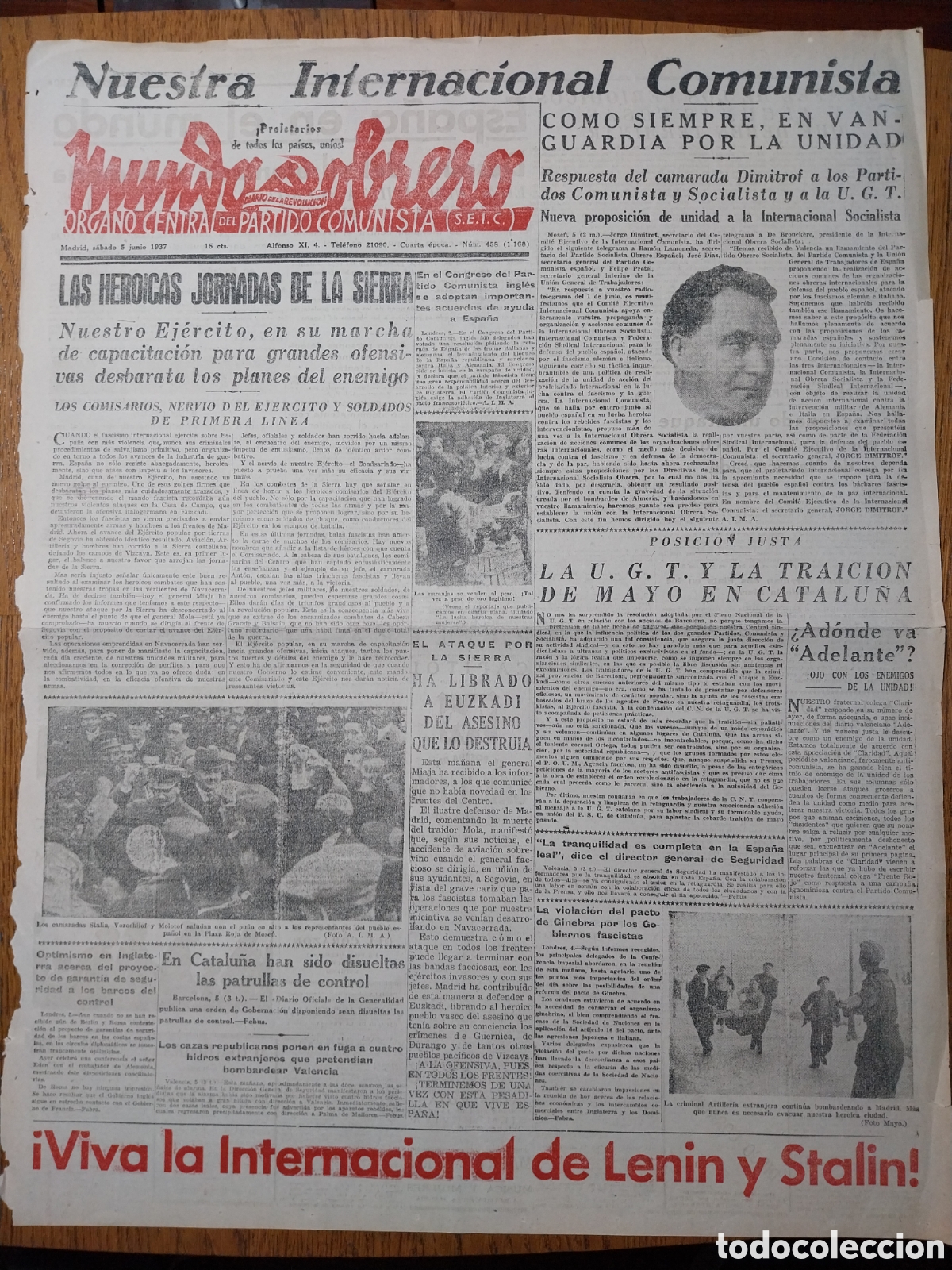 Collection Magazines and Newspapers: MUNDO OBRERO 1937 LAS HEROICAS JORNADAS DE LA SIERRA. MADRID BOMBARDEADA. HISTORIA DE UNA MINA