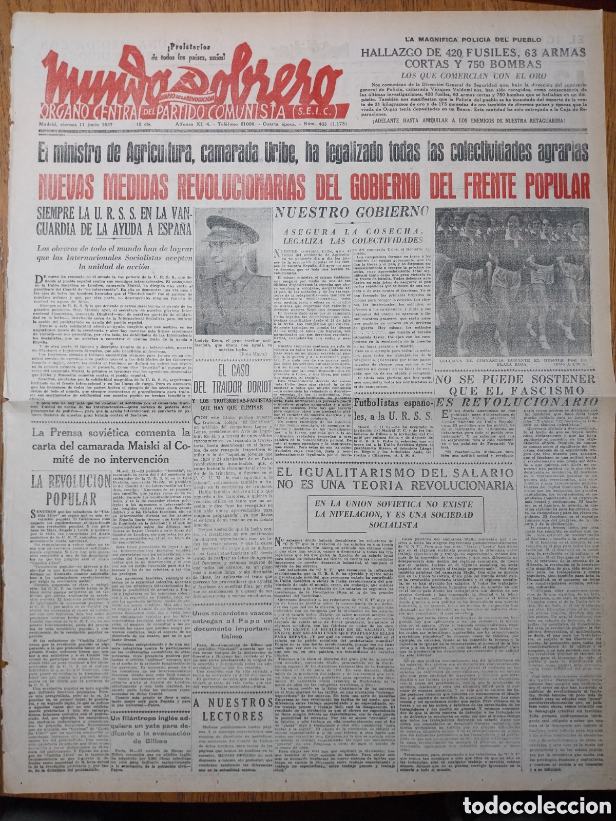 Collection Magazines and Newspapers: MUNDO OBRERO 1937 LEGALIZACI&Oacute;N COLECTIVIDADES AGRARIAS.GUADALAJARA 130 PRISIONEROS COMO SE VIVE ALLI