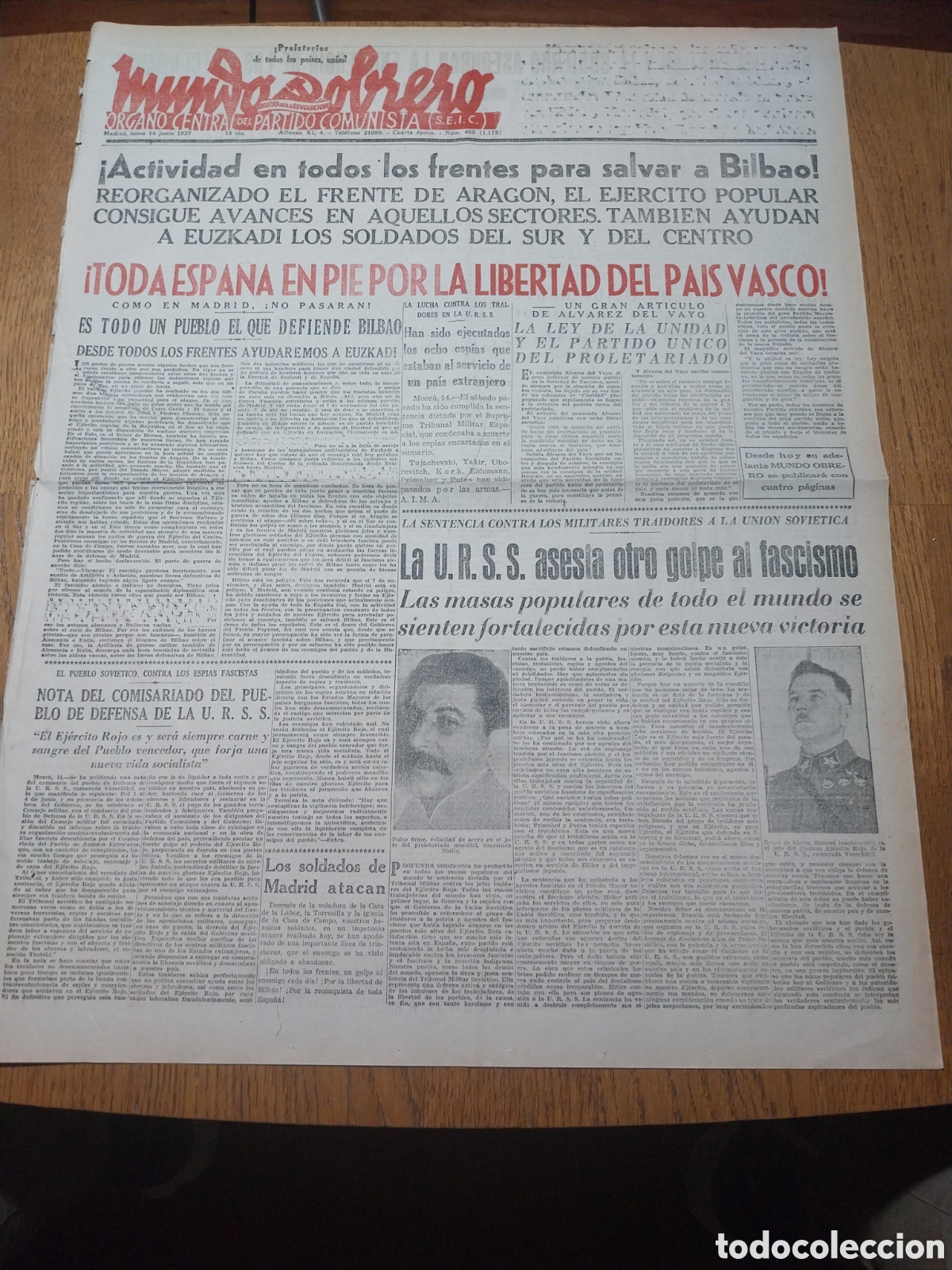 Collection Magazines and Newspapers: MUNDO OBRERO 1937 DEFENSA DE BILBAO.SECTOR PIRINEOS SABI&Ntilde;ANIGO. MITIN URIBE CINE SALAMANCA MADRID