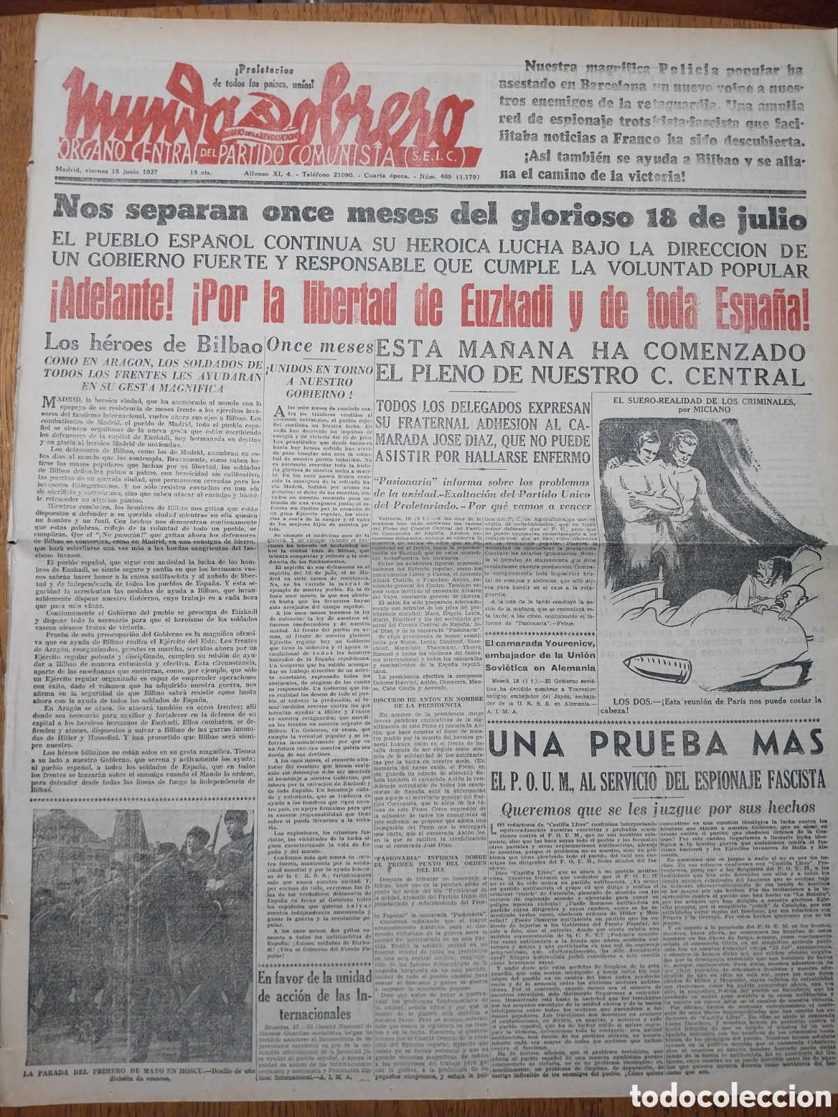 Collection Magazines and Newspapers: MUNDO OBRERO 1937 LOS HEROES DE BILBAO. EXPLOSION EN EL ACORAZADO JAIME I. CABALLERIA EN LA SIERRA
