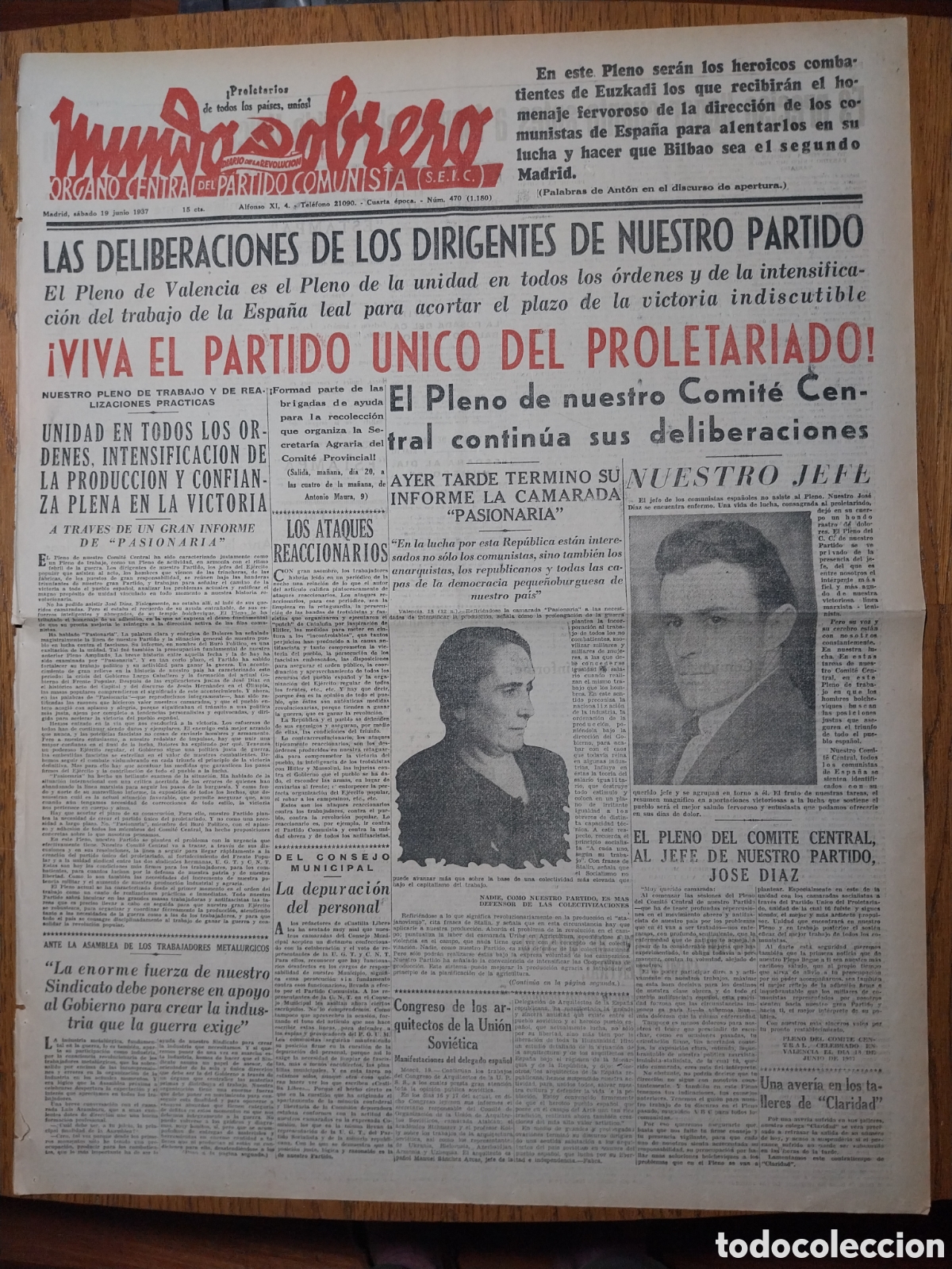 Collection Magazines and Newspapers: MUNDO OBRERO 1937 NUESTRO EJERCITO AMENAZA A HUESCA. CHIMILLAS Y ALERRE VIRTUALMENTE CONQUISTADAS.