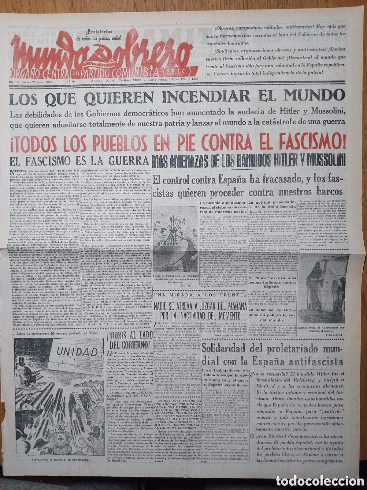 Collection Magazines and Newspapers: MUNDO OBRERO 1937 YUGOS DE LA FALANGE Y GOLPES DE MANO EN CARABANCHEL. HITLER Y MUSSOLINI CONTRA LA