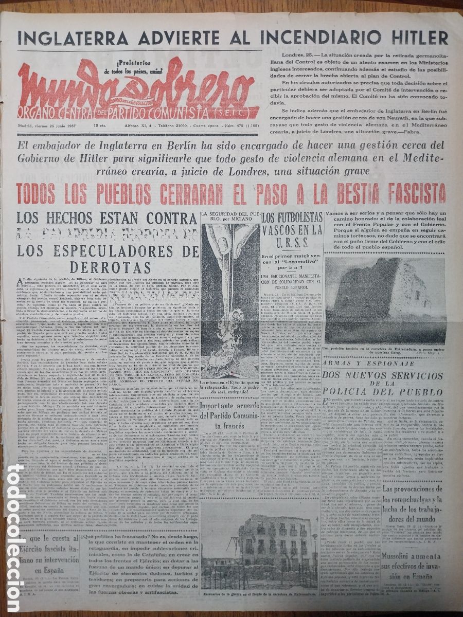 Collection Magazines and Newspapers: MUNDO OBRERO 1937 GUERRA EN LA CARRETERA DE EXTREMADURA. LAS PIRATER&Iacute;AS DEL CRUCERO CANARIAS