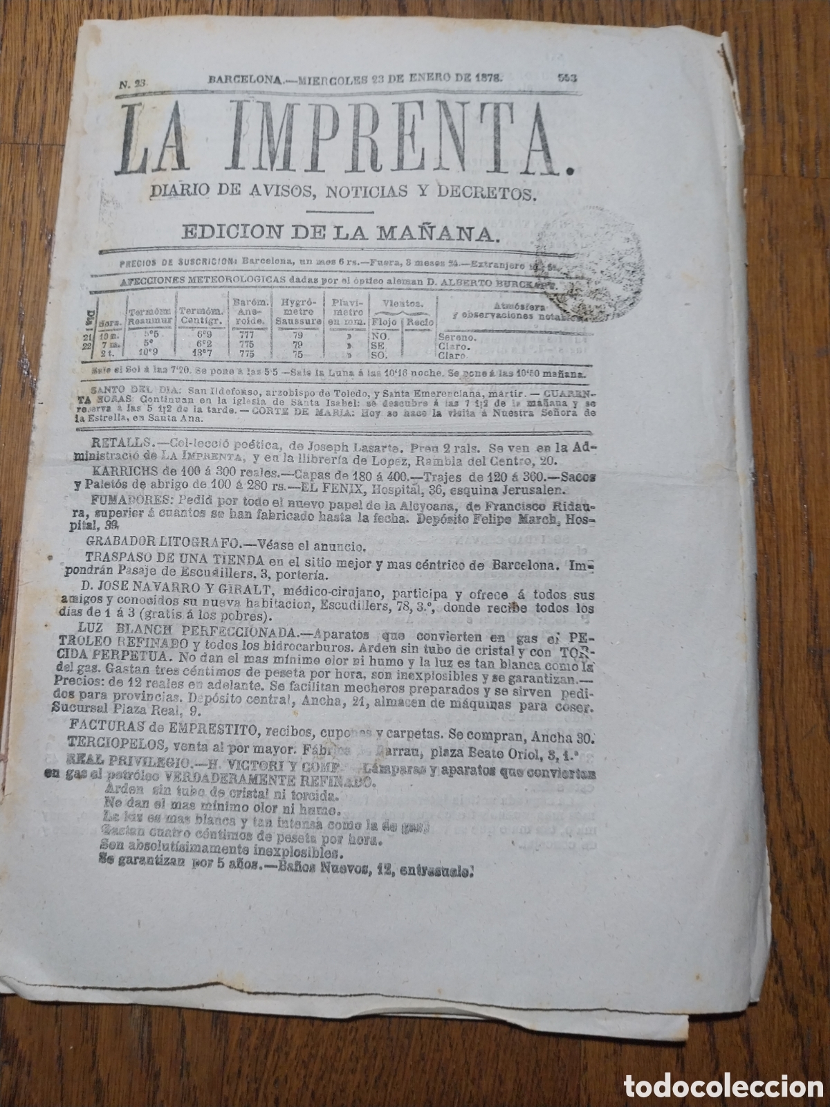 Collectionnisme de Revues et Journaux: LA IMPRENTA 1878 DIAS DE FIESTA POR INAUGURACI&Oacute;N DEL FERROCARRIL A FRANCIA.MUERTE DEL REY DE ITALIA