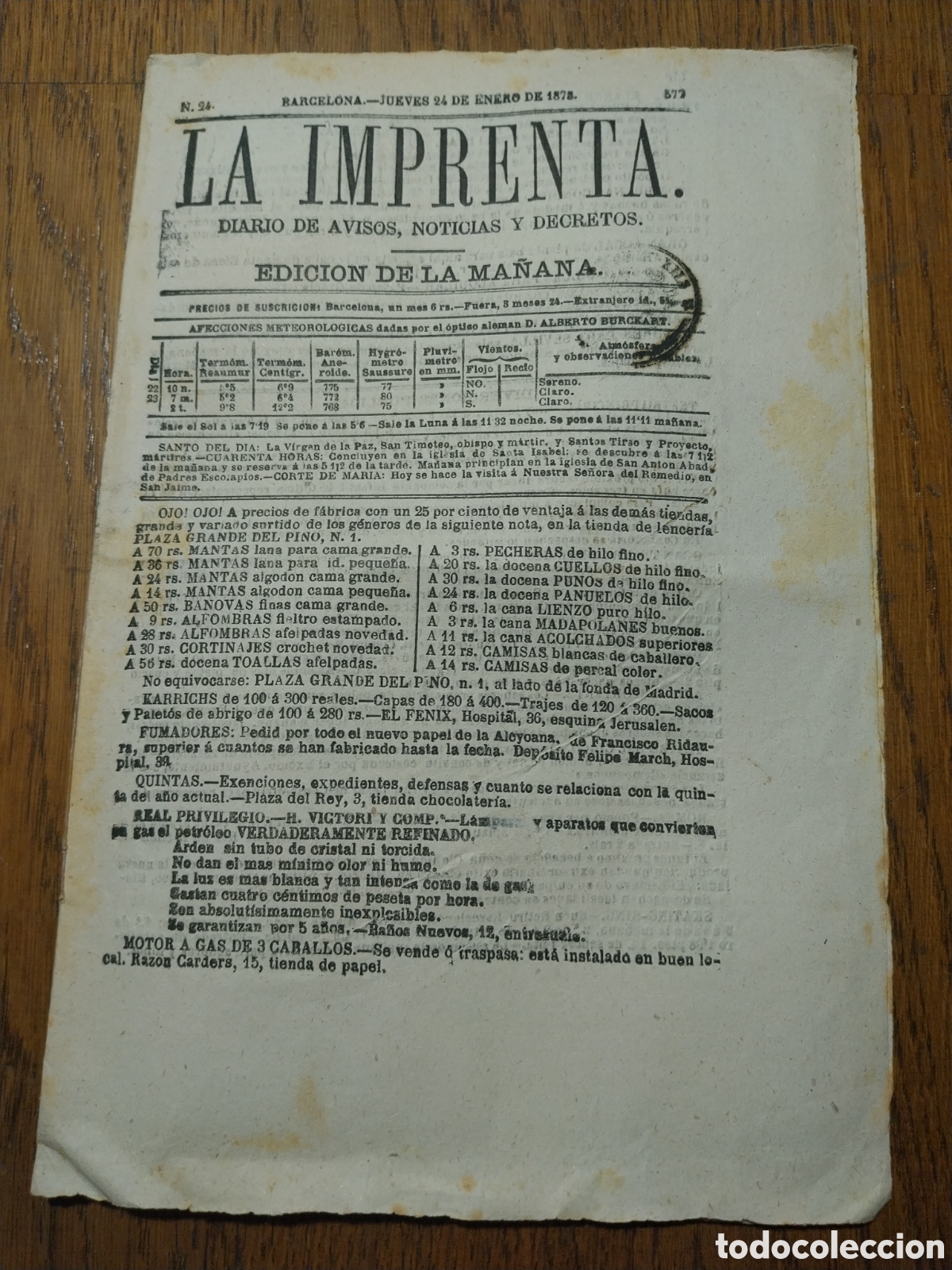 Collectionnisme de Revues et Journaux: LA IMPRENTA 1878 APARICION POR GERONA DE UNA PARTIDA DE HOMBRES ARMADOS. PROGRAMA FESTEJOS BODA REAL