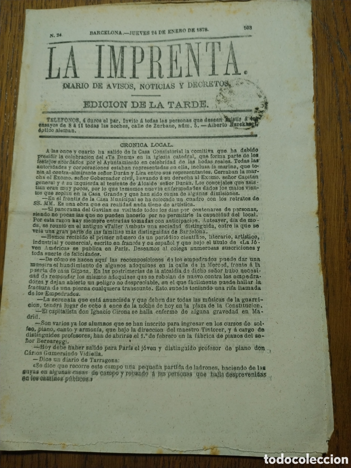 Collectionnisme de Revues et Journaux: LA IMPRENTA 1878 AUDIENCIA EN SALON DEL TRONO . FELICITACION A LA FUTURA REINA EN ARANJUEZ