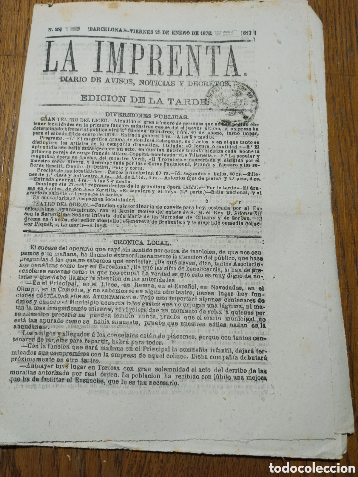 Collectionnisme de Revues et Journaux: LA IMPRENTA 1878 DECRETOS POR REGIO ENLACE. PRESBITERO ASESINA A NI&Ntilde;A EN GUERNICA.