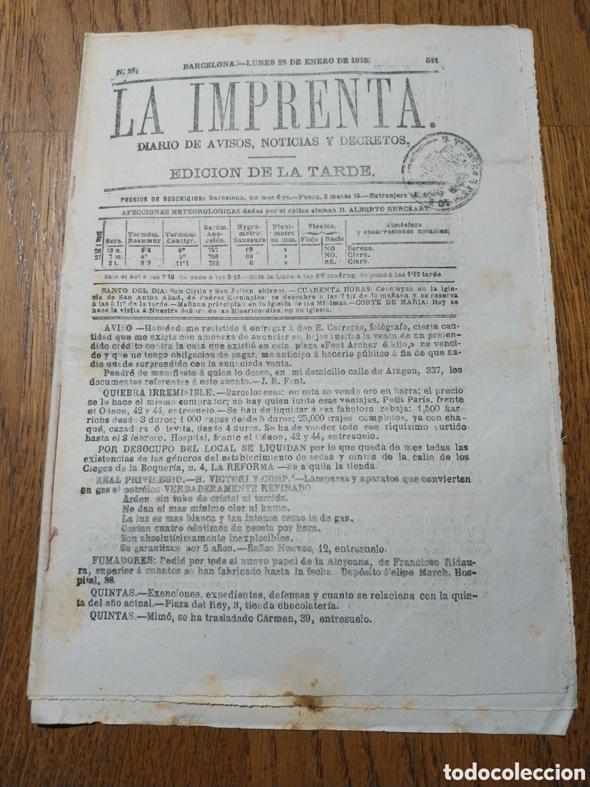 Coleccionismo de revistas y peri&oacute;dicos: LA IMPRENTA 1878 FUNCIONES REALES DE TOROS PARA FESTEJAR EL REGIO ENLACE