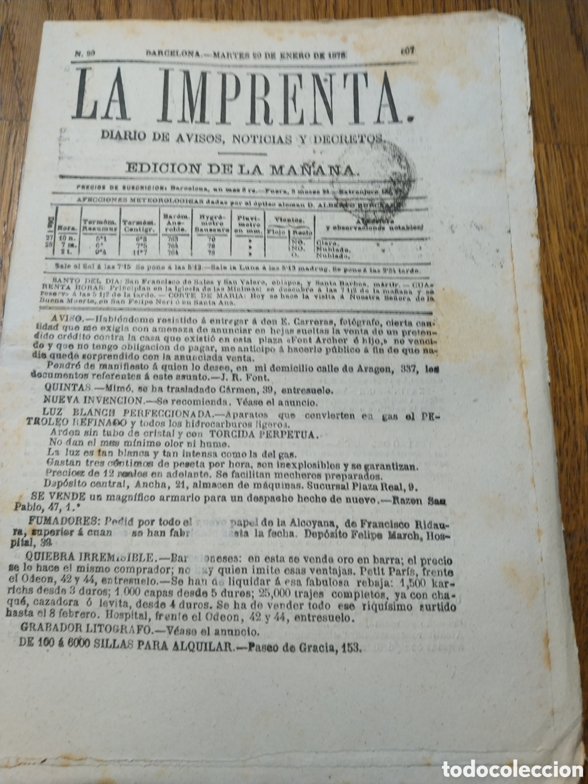 Colecionismo de Revistas e Jornais: LA IMPRENTA 1878 GREMIO TABERNEROS DE SAN MARTIN DE PROVENSALS.ASESINATO DE UN CARBONERO EN VILADRAU