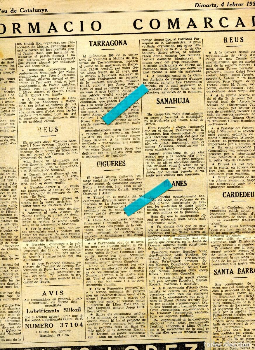 Coleccionismo de revistas y peri&oacute;dicos: DIARI ANY 1936 REUS FIGUERES SANAHUJA BLANES CARDEDEU SANTA BARBARA