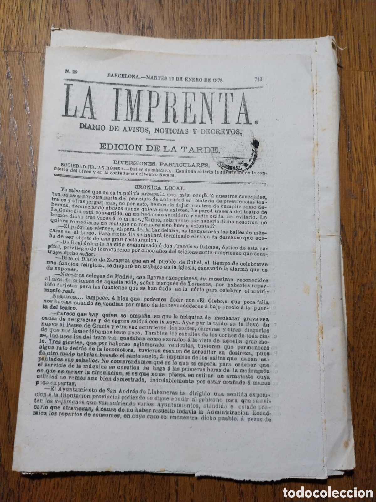 Colecionismo de Revistas e Jornais: LA IMPRENTA 1878 DISPARO DE TRABUCO EN CUBEL ZARAGOZA.ROBO IGLESIA DE VILLAFRANCA PANADES. PUIGCERDA