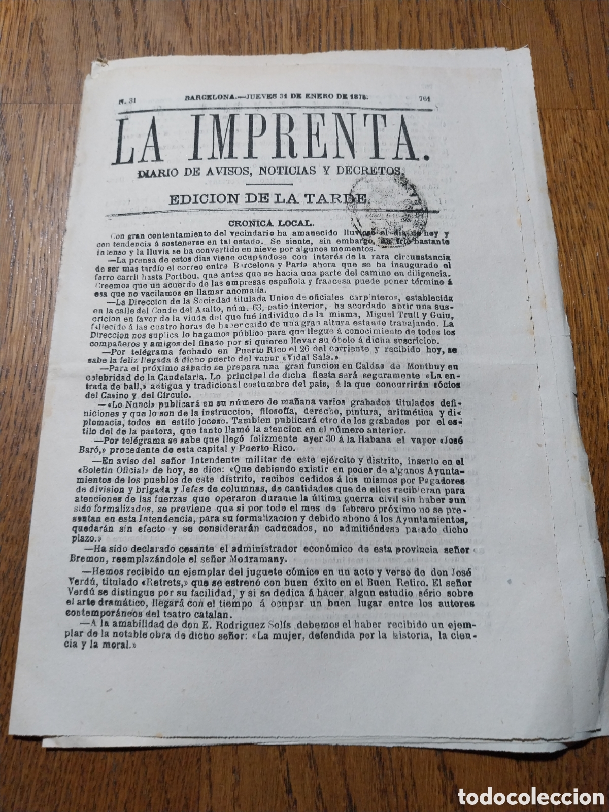 Colecionismo de Revistas e Jornais: LA IMPRENTA 1878 RELATO EL CAZADOR MALASOMBRA. REAL ORDEN ADQUISICION CEDULAS PERSONALES SIN RECARGO