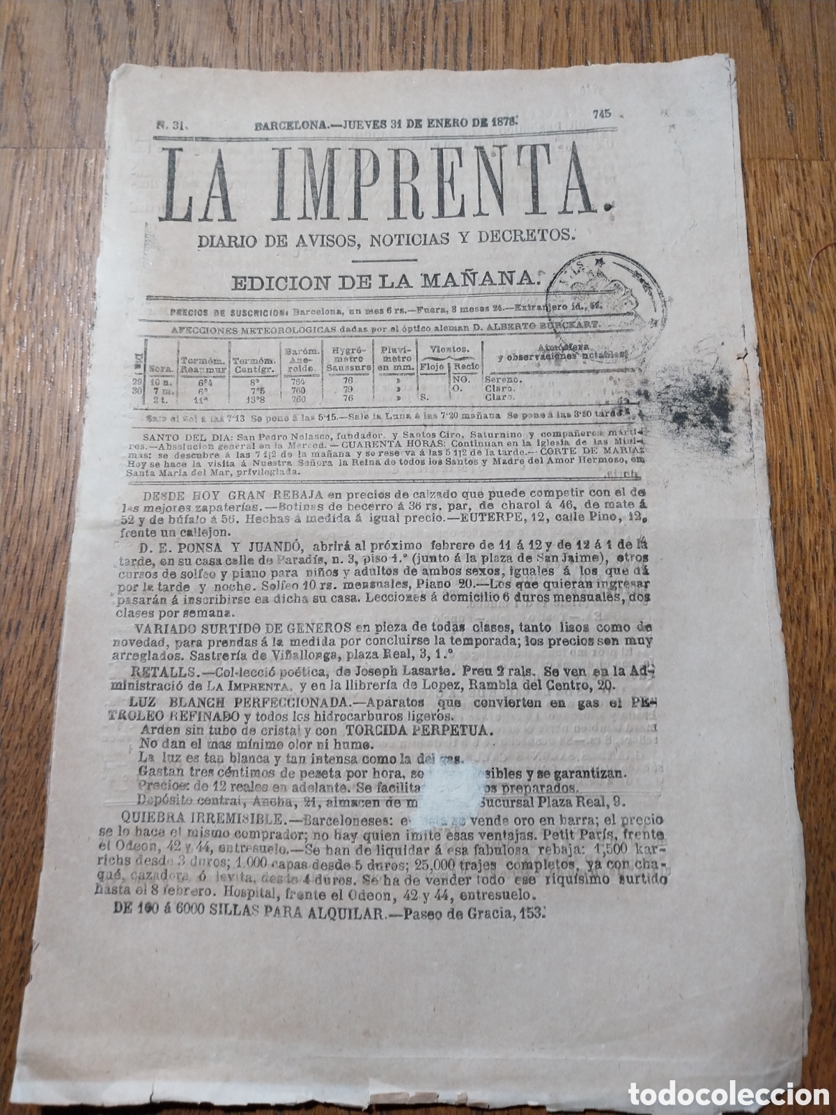 Colecionismo de Revistas e Jornais: LA IMPRENTA 1878 POSADA HERRERA Y EL TOISON DE ORO. GUERRA RUSO- TURCA FIRMA DE ARMISTICIO
