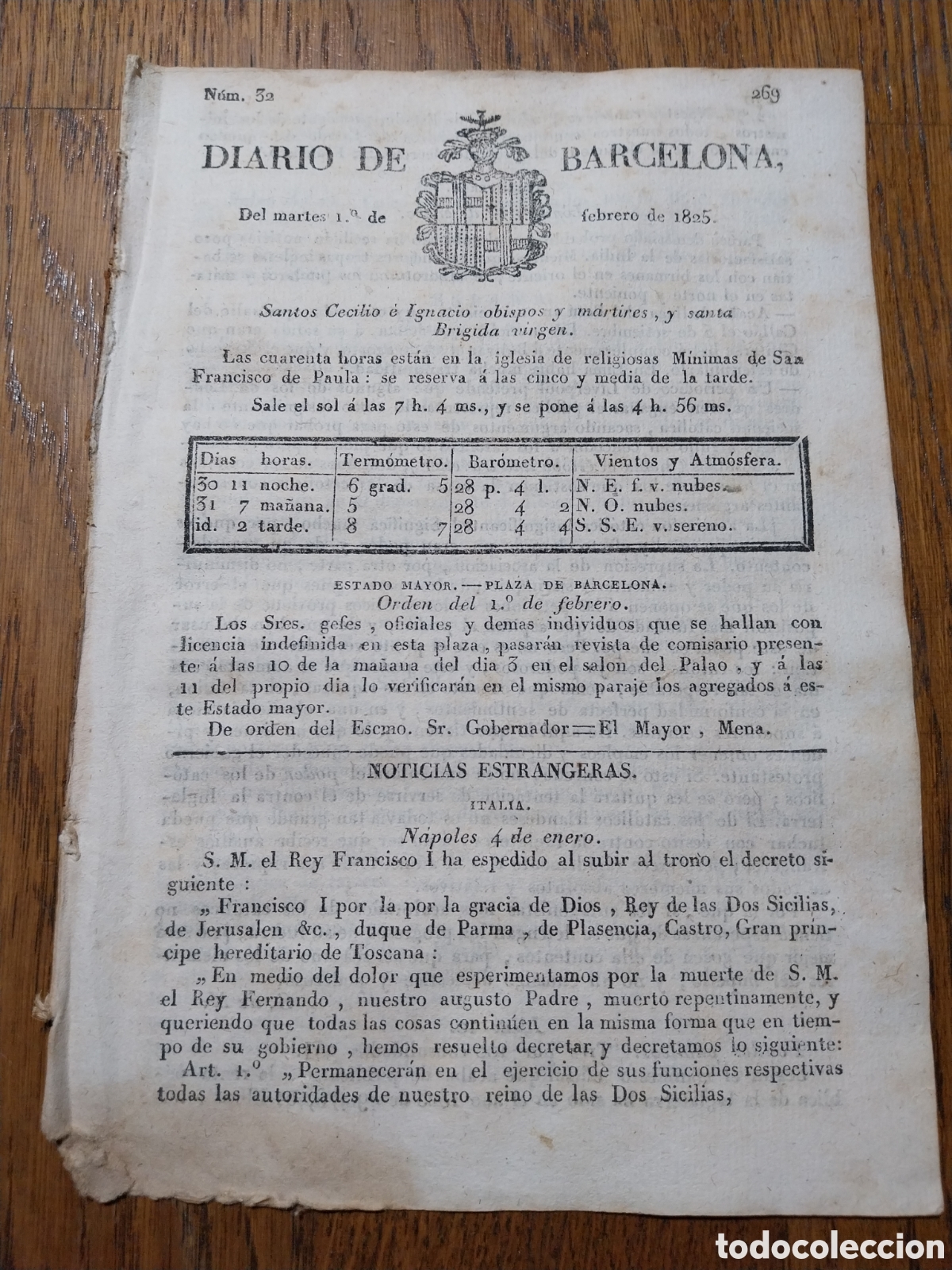 Sammeln von Zeitschriften und Zeitungen: DIARIO BARCELONA 1825 FERNANDO VII VISITA LA REAL BIBLIOTECA MUSEO D PINTURAS Y FABRICA DE TAPICES