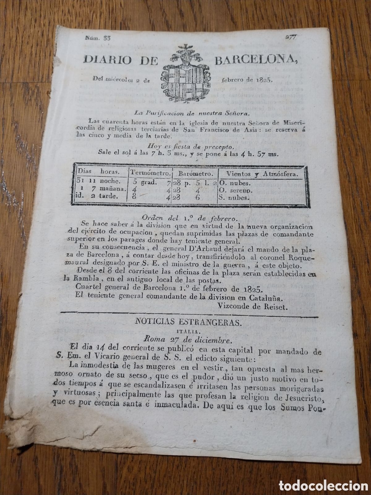 Sammeln von Zeitschriften und Zeitungen: DIARIO DE BARCELONA 1825 EDICTO VATICANO INMODESTIA DE LA MUJER EN EL VESTIR.REAL ORDEN CARBON BREZO