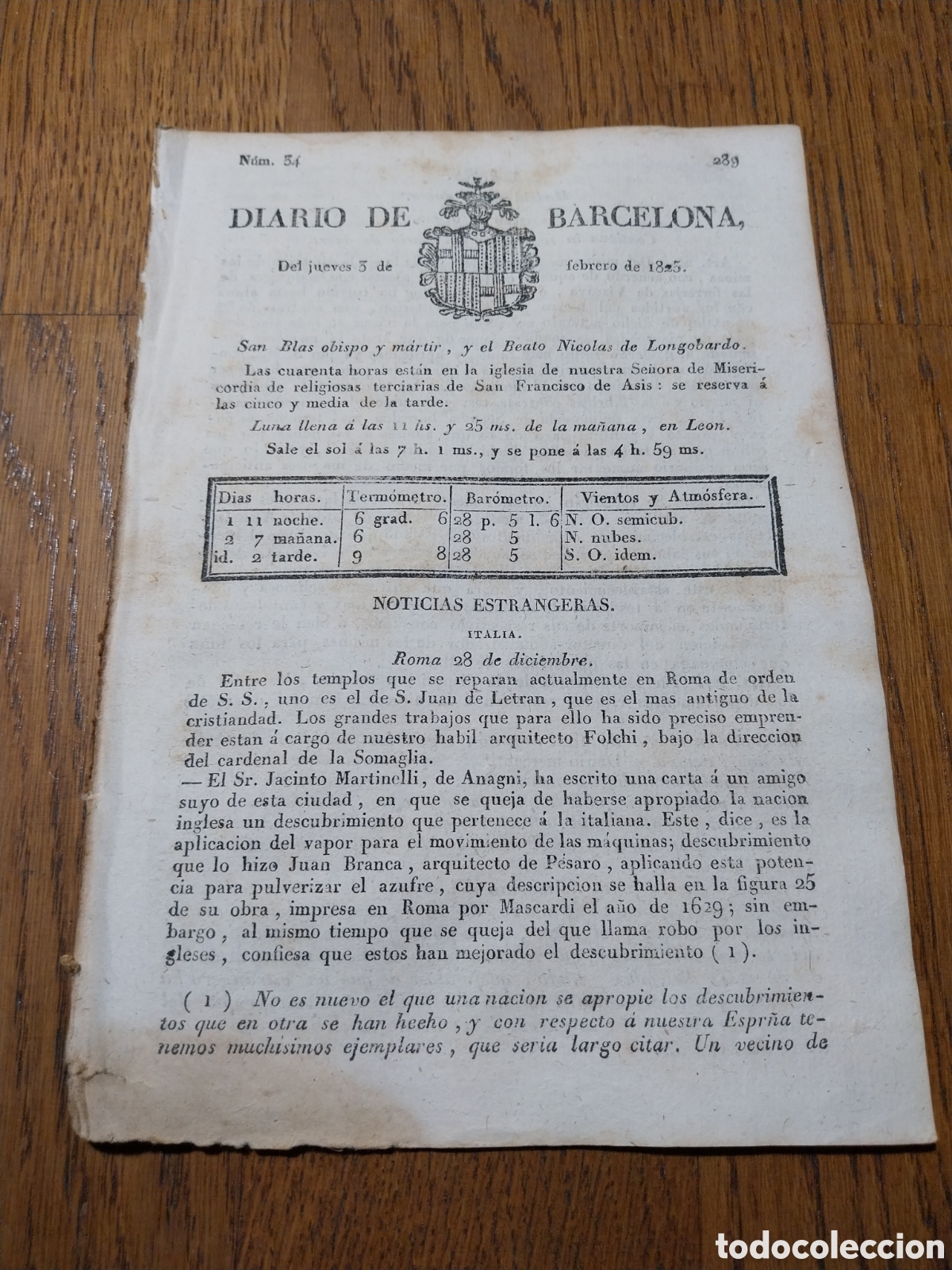 Sammeln von Zeitschriften und Zeitungen: DIARIO DE BARCELONA 1825 VECINO DE CHICLANA INVENTA BARCO CON RUEDAS PARA LIMPIEZA DE RIOS Y CANALES