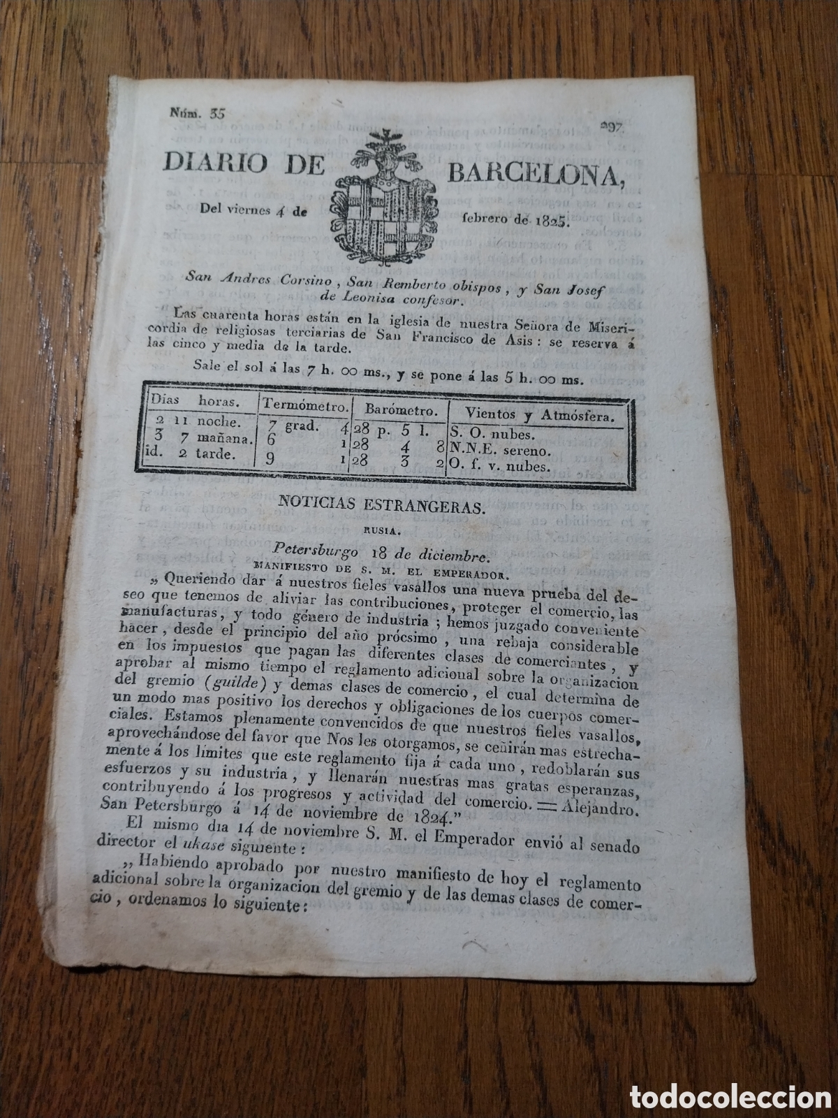 Sammeln von Zeitschriften und Zeitungen: DIARIO DE BARCELONA 1825 MANIFIESTO EMPERADOR RUSIA. PREMIOS A FAMILIAS VICTIMAS DE LA REVOLUCI&Oacute;N
