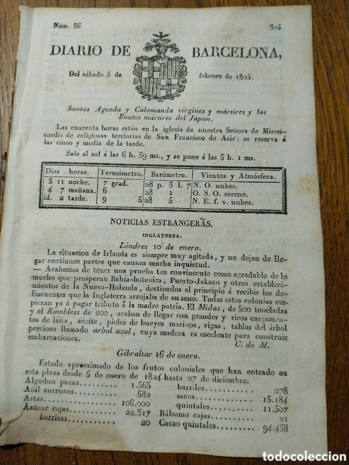 Sammeln von Zeitschriften und Zeitungen: DIARIO DE BARCELONA 1825 GIBRALTAR ESTADO APROX FRUTOS COLONIALES ENTRADOS EN ESTA PLAZA