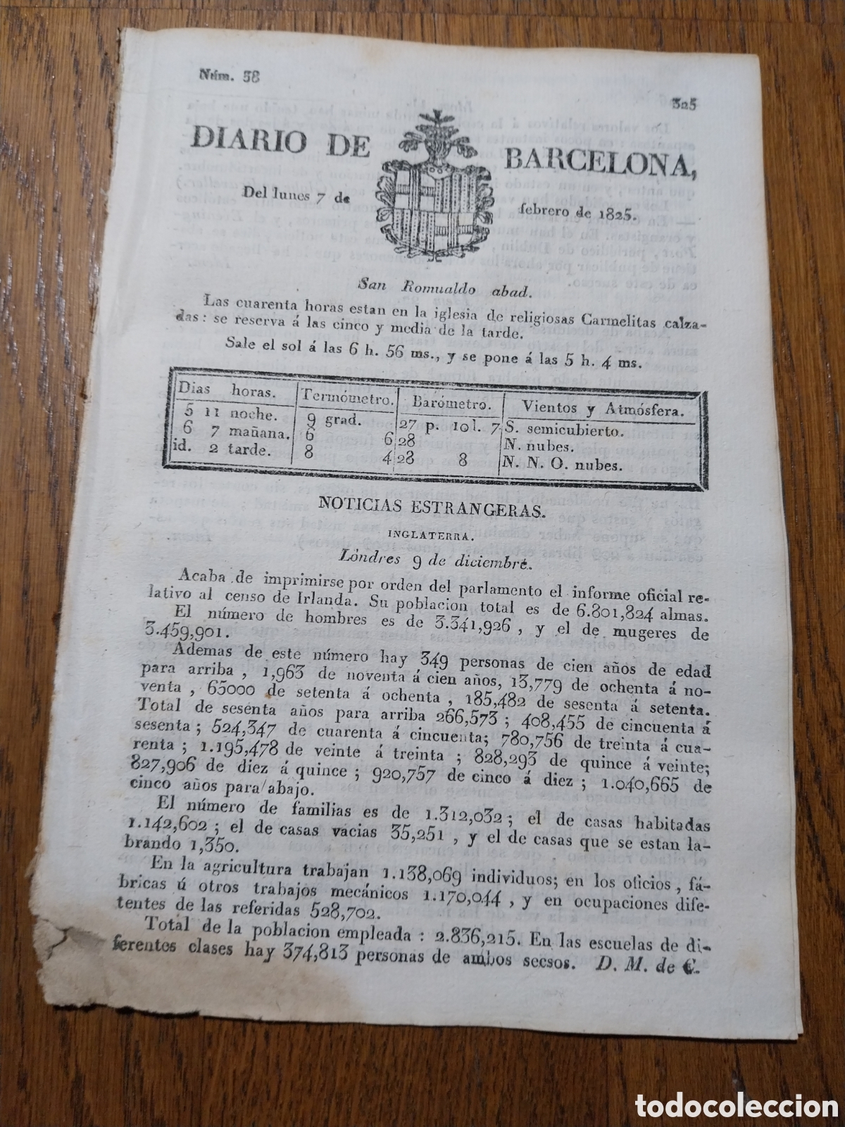 Coleccionismo de Revistas y Peri&oacute;dicos: DIARIO BARCELONA 1825. VALENCIA ROSARIO DE SANTO DOMINGO. VIZCONDE DE BENOAJAN IMPUESTO DE LANZAS