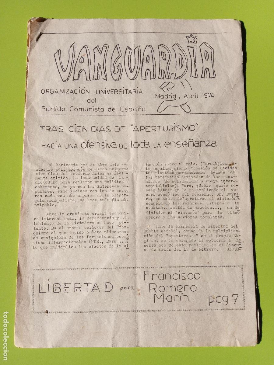 Coleccionismo de revistas y peri&oacute;dicos: BOLET&Iacute;N VANGUARDIA ORGANIZACI&Oacute;N UNIVERSITARIA DEL PARTIDO COMUNISTA. MADRID, ABRIL 1974