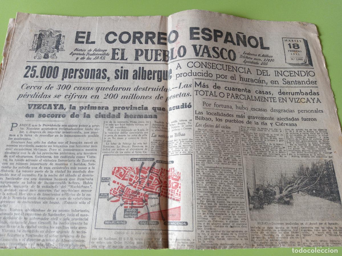 Collezionismo di Riviste e Giornali: PERIODICO EL CORREO ESPA&Ntilde;OL. EL PUEBLO VASCO. 18 FEBRERO 1941. INCENDIO SANTANDER