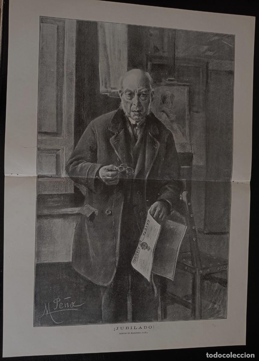 Coleccionismo de revistas y peri&oacute;dicos: DIBUJO - MAXIMO PE&Ntilde;A - EL JUBILADO - DOBLE HOJA PUBLICACION 1900