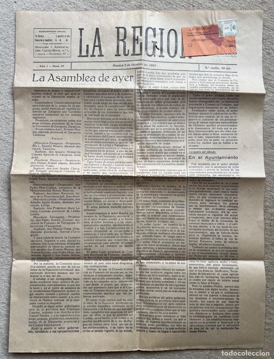 Sammeln von Zeitschriften und Zeitungen: Peri&oacute;dico La Regi&oacute;n - Huesca, 2 de Octubre de 1922 - Etiqueta dirigida a El Ribagorzano (Graus)