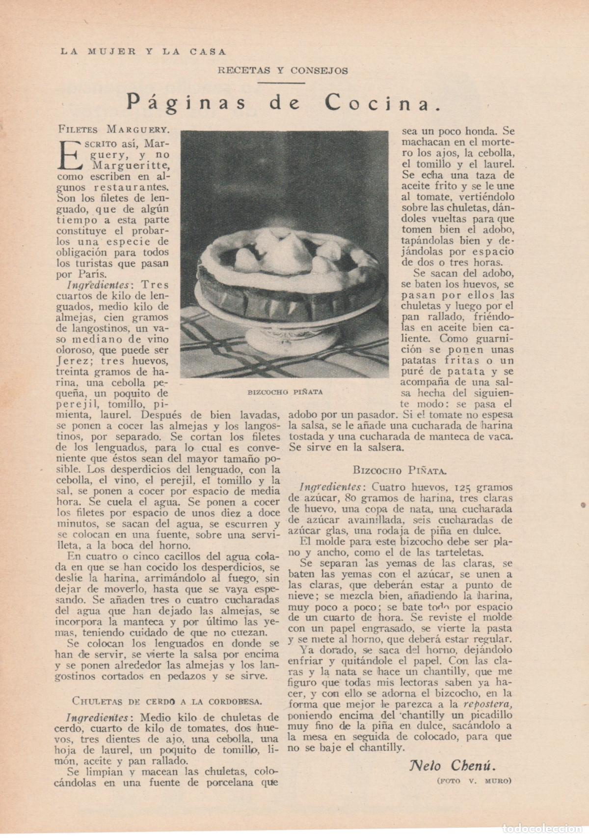Collezionismo di Riviste e Giornali: * RECETAS DE COCINA * Filetes Marguery, bizcocho pi&ntilde;ata, chuletas a la cordobesa - 1930