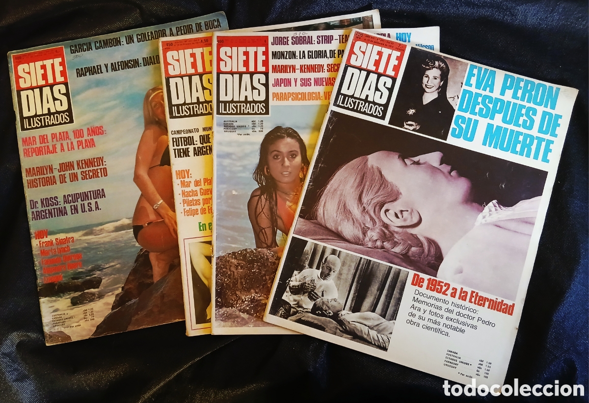 Coleccionismo de Revistas y Peri&oacute;dicos: Lote 4 Revistas Siete D&iacute;as Ilustrados (1974) | Evita, Serrat, Monz&oacute;n, JFK y Marilyn | Env&iacute;o DHL Expr