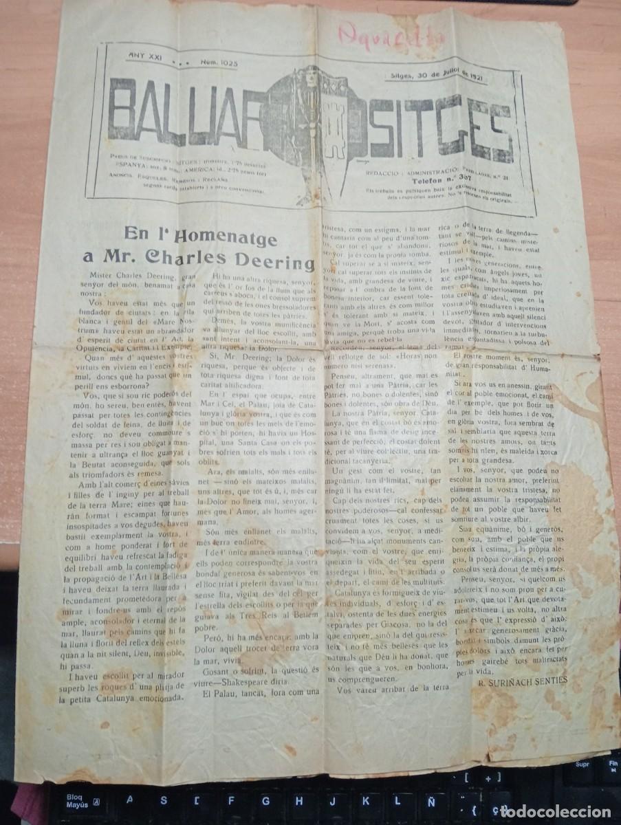 Coleccionismo de Revistas y Peri&oacute;dicos: DIARI BALUART DE SITGES ANY 1921 CHARLES DEERING FESTA DEL VINYET GLORIA TURRO DE XIXONA DANONE