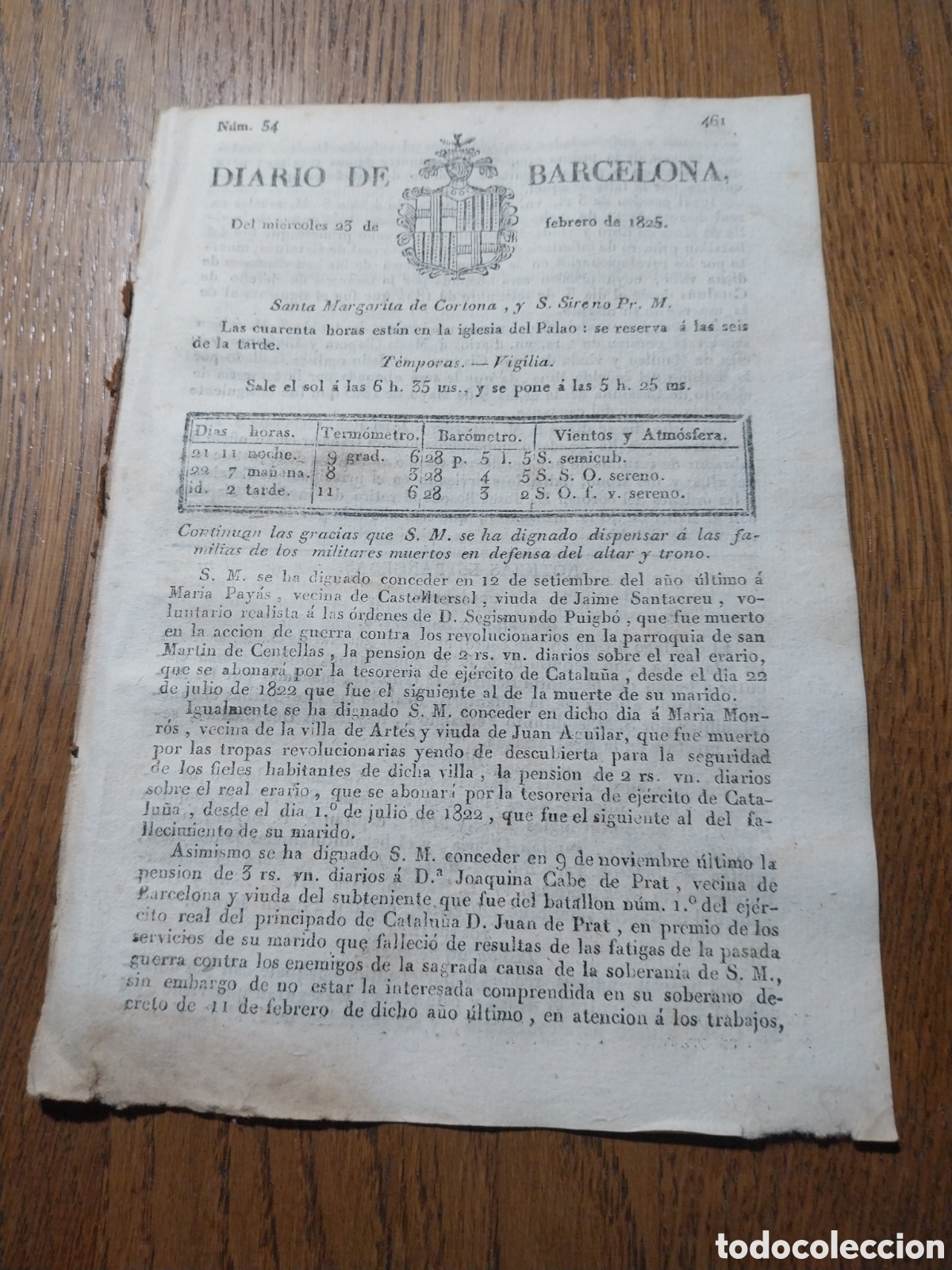 Coleccionismo de Revistas y Peri&oacute;dicos: DIARIO BARCELONA 1825 NUEVO CONVENTO DE LOS PADRES CAPUCHINOS EN GRANOLLERS.ARANCELES CAFE Y AZUCAR