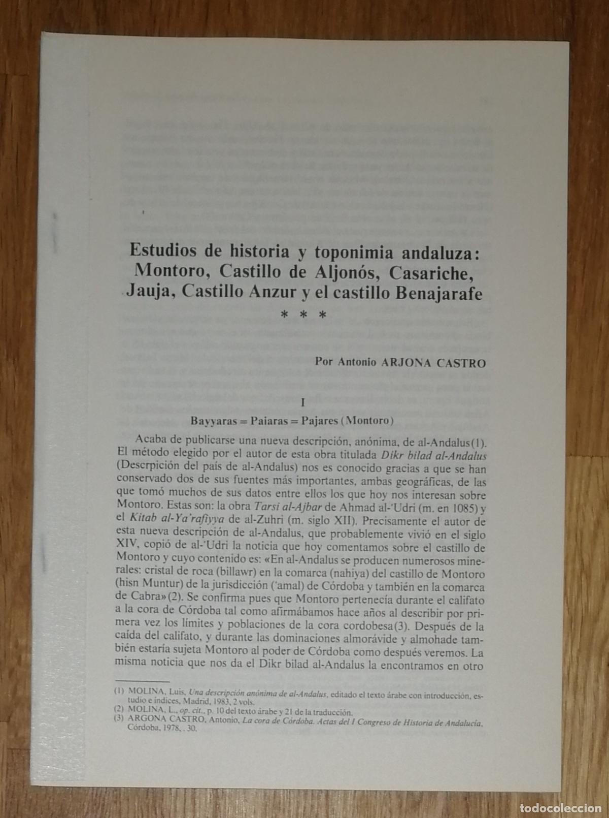 Coleccionismo de revistas y peri&oacute;dicos: SEPARATA. ESTUDIOS DE HISTORIA Y TOPONIMIA ANDALUZA MONTORO, CASTILLO DE ALJON&Oacute;S... / Antonio Arjona