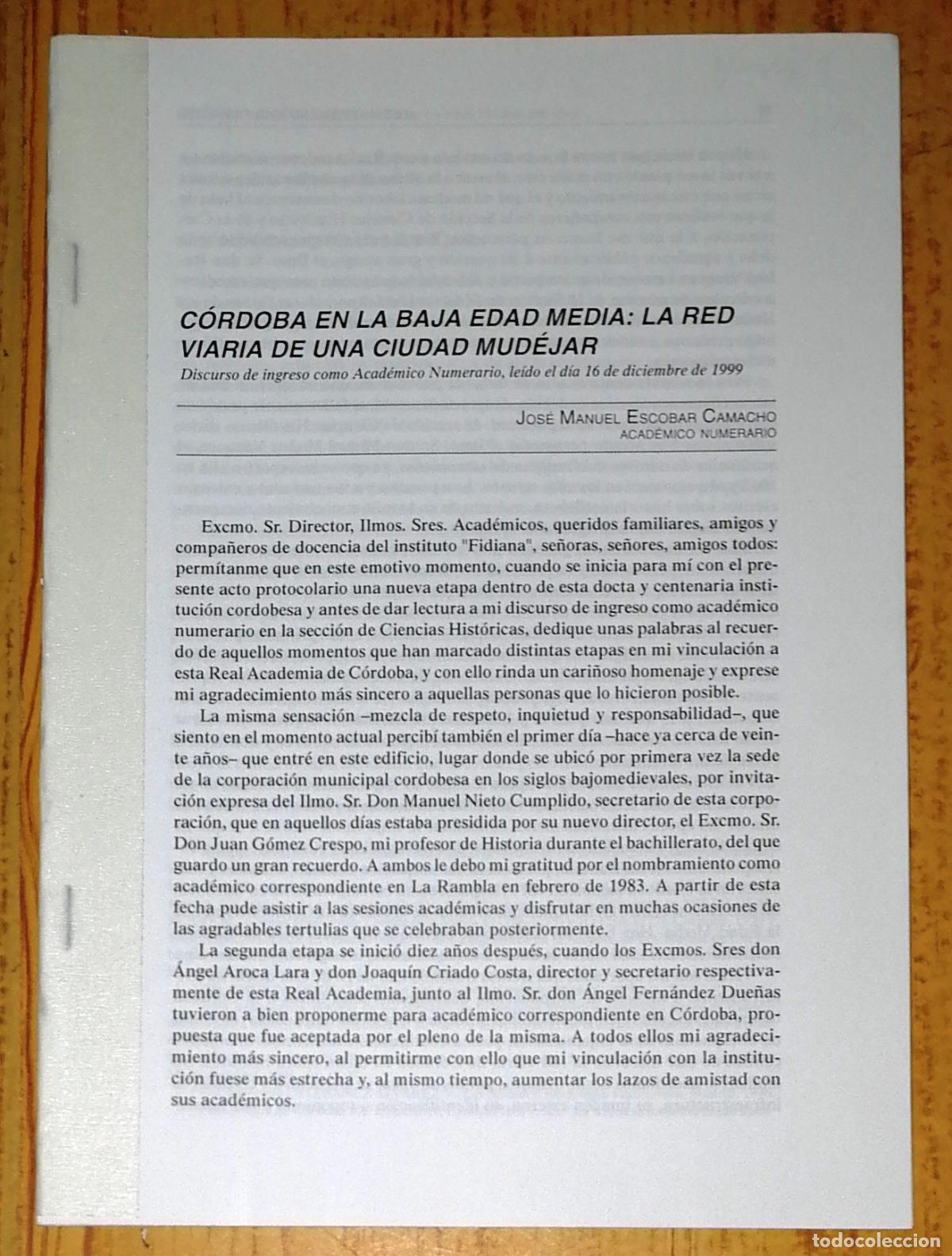 Coleccionismo de Revistas y Peri&oacute;dicos: SEPARATA. C&Oacute;RDOBA EN BAJA EDAD MEDIA: RED VIARIA DE CIUDAD MUD&Eacute;JAR: Discurso / Jos&eacute; Manuel Escobar C