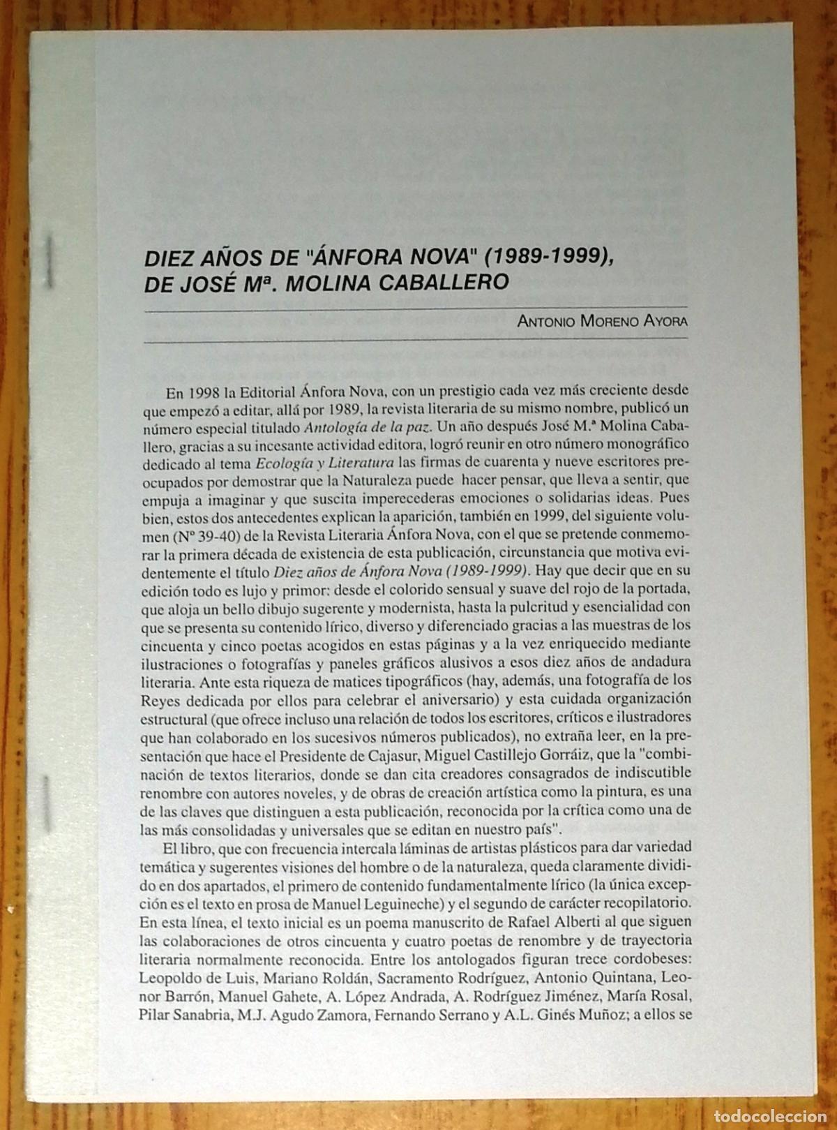 Coleccionismo de Revistas y Peri&oacute;dicos: SEPARATA. DIEZ A&Ntilde;OS DE '&Aacute;NFORA NOVA' (1989-1999), DE JOS&Eacute; M&ordf; MOLINA CABALLERO / Antonio Moreno Ayora