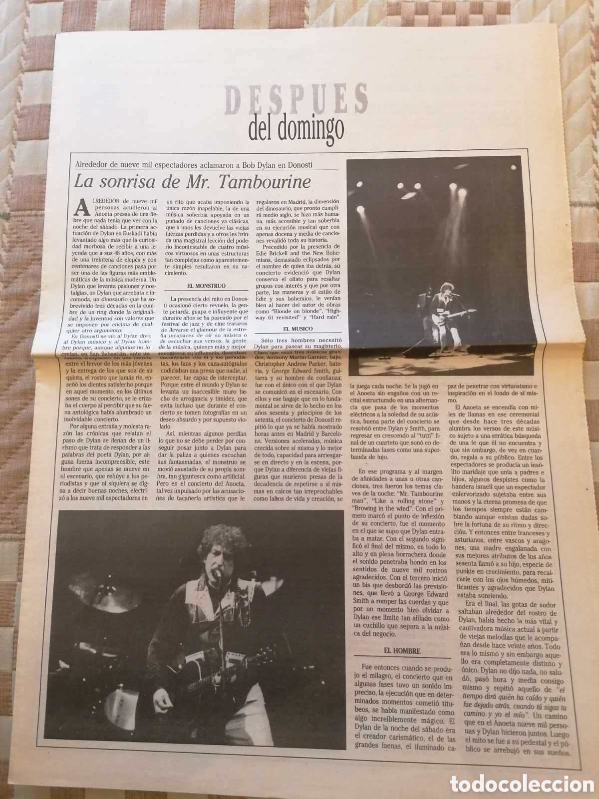 Coleccionismo de Revistas y Peri&oacute;dicos: Recorte Original Diario Vasco 19 Junio 1989 Rese&ntilde;a Concierto Bob Dylan San Sebasti&aacute;n