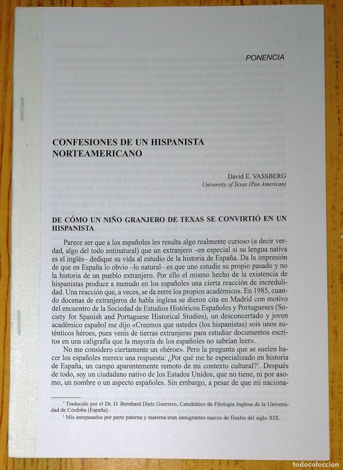 Coleccionismo de Revistas y Peri&oacute;dicos: SEPARATA. CONFESIONES DE UN HISPANISTA NORTEAMERICANO / David E. Vassberg. - Cajasur