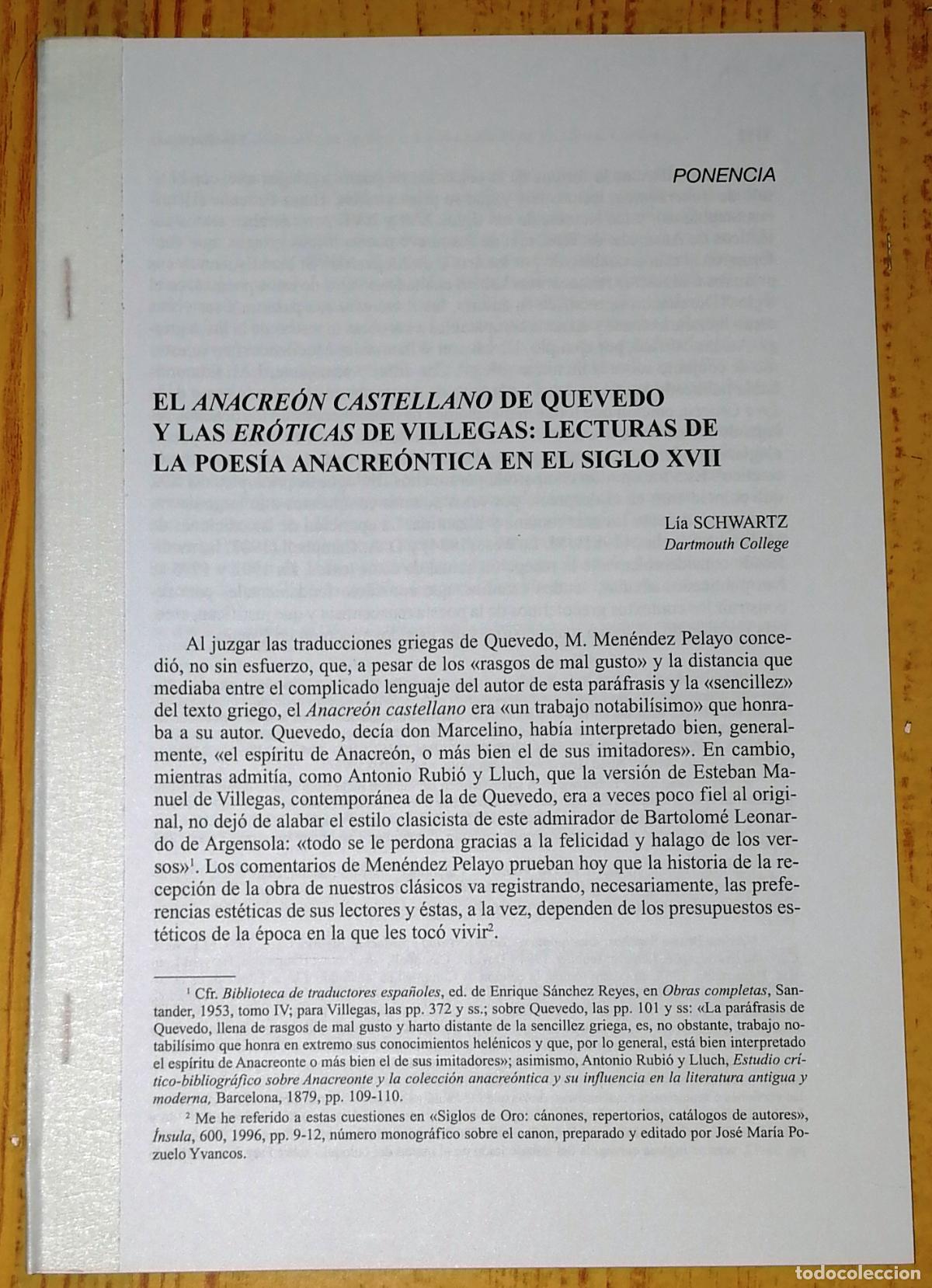 Coleccionismo de Revistas y Peri&oacute;dicos: SEPARATA.EL &lsquo;ANACRE&Oacute;N CASTELLANO&rsquo; DE QUEVEDO Y LAS &lsquo;ER&Oacute;TICAS&rsquo; DE VILLEGAS... / L&iacute;a Schwartz Lerner