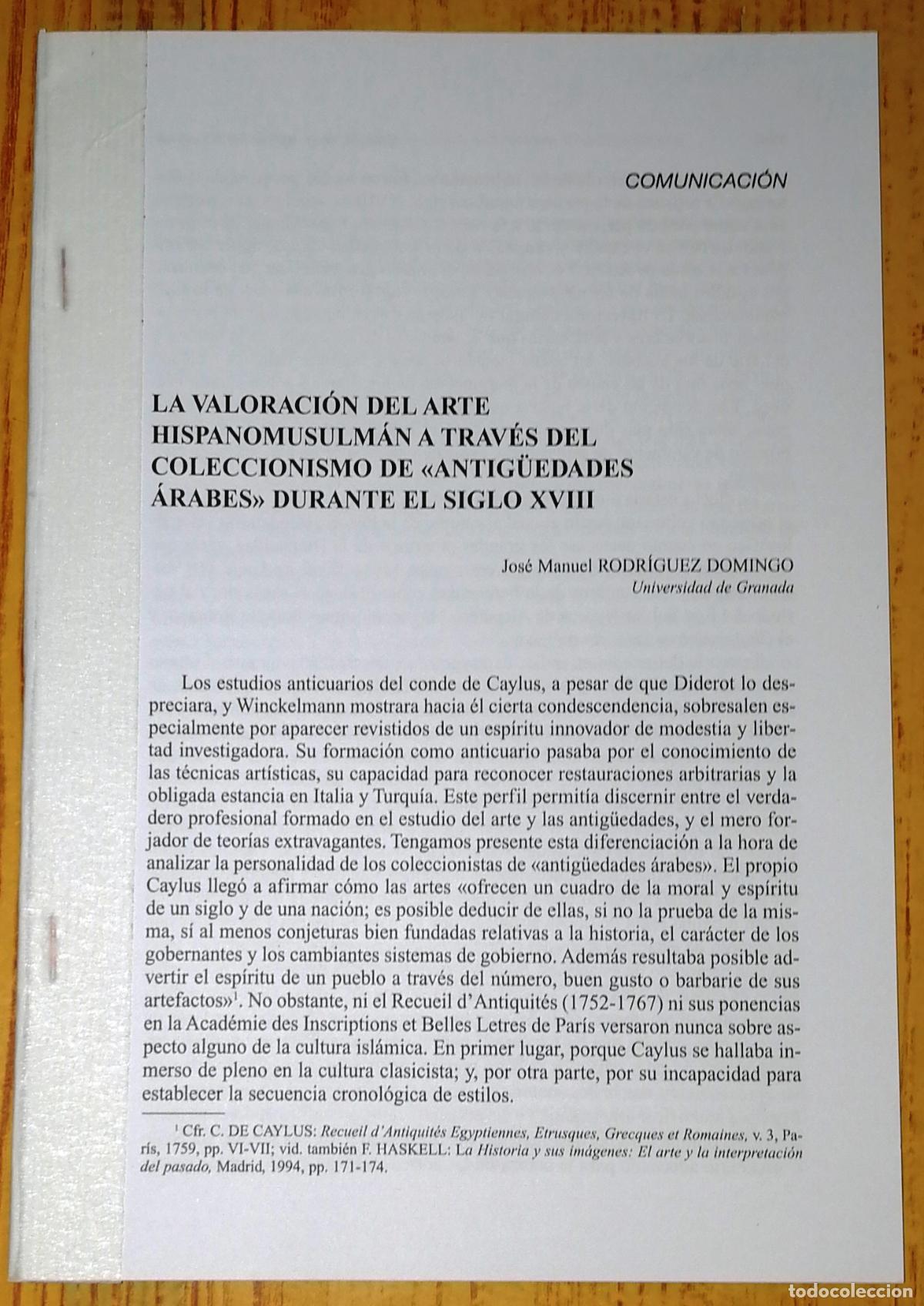 Collezionismo di Riviste e Giornali: SEPARATA. LA VALORACI&Oacute;N DEL ARTE HISPANOMUSULM&Aacute;N A TRAV&Eacute;S DEL COLECCIONISMO DE &lsquo;ANTIG&Uuml;EDADES &Aacute;RABES&rsquo;