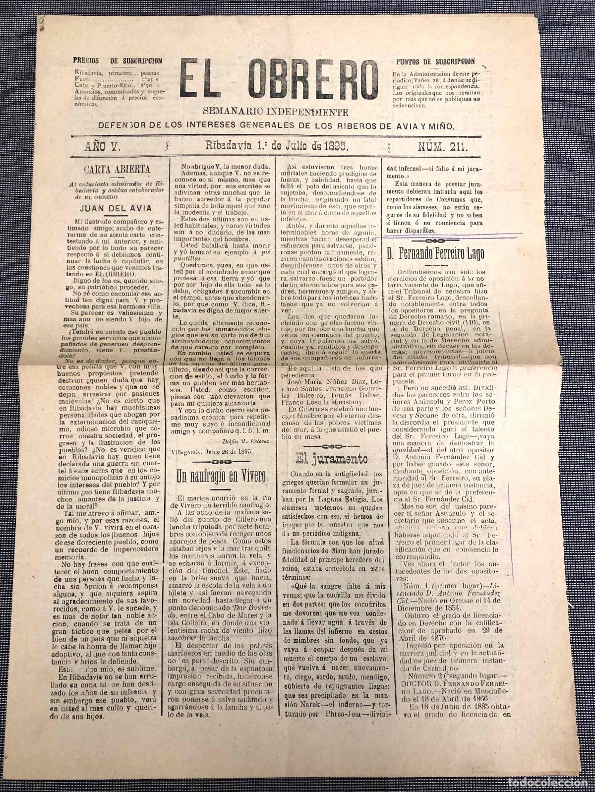 Coleccionismo de Revistas y Peri&oacute;dicos: SEMANARIO INDEPENDIENTE EL OBRERO. RIBADAVIA, ORENSE, 1 DE JULIO DE 1895. N&ordm; 211