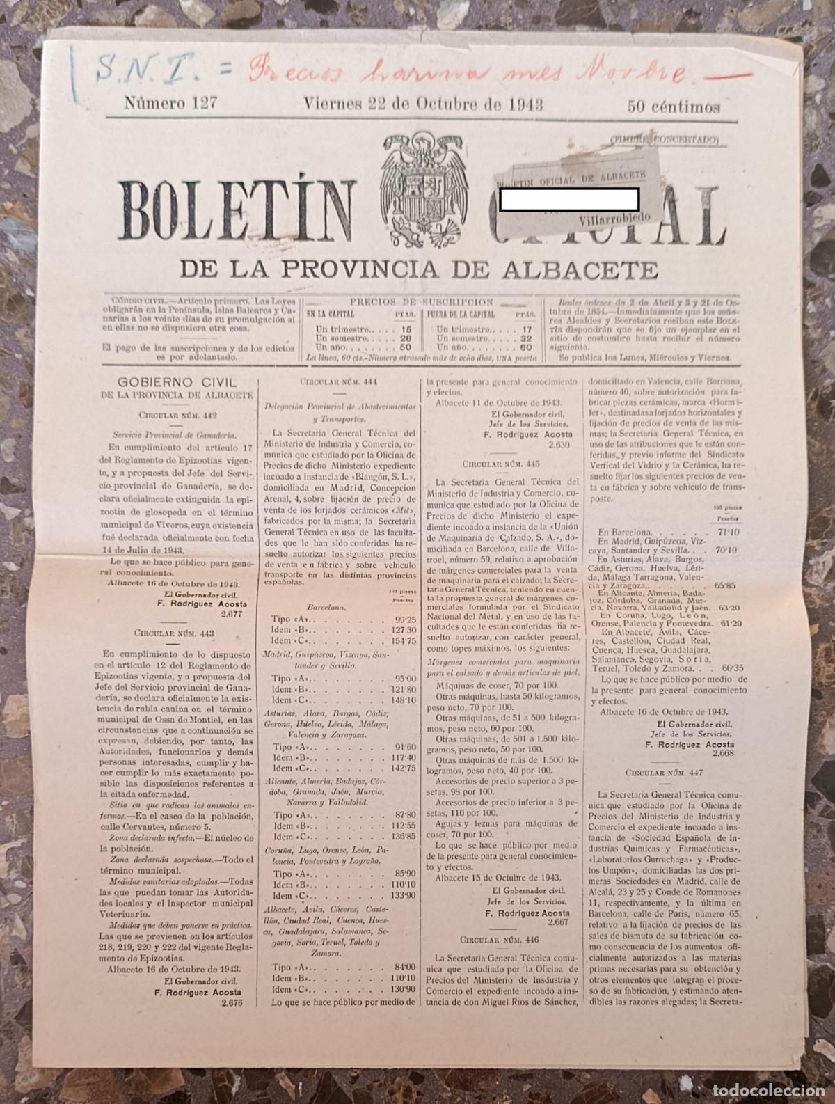 Coleccionismo de Revistas y Peri&oacute;dicos: BOLET&Iacute;N OFICIAL DE LA PROVINCIA DE ALBACETE. N&ordm; 127 22 OCTUBRE 1943
